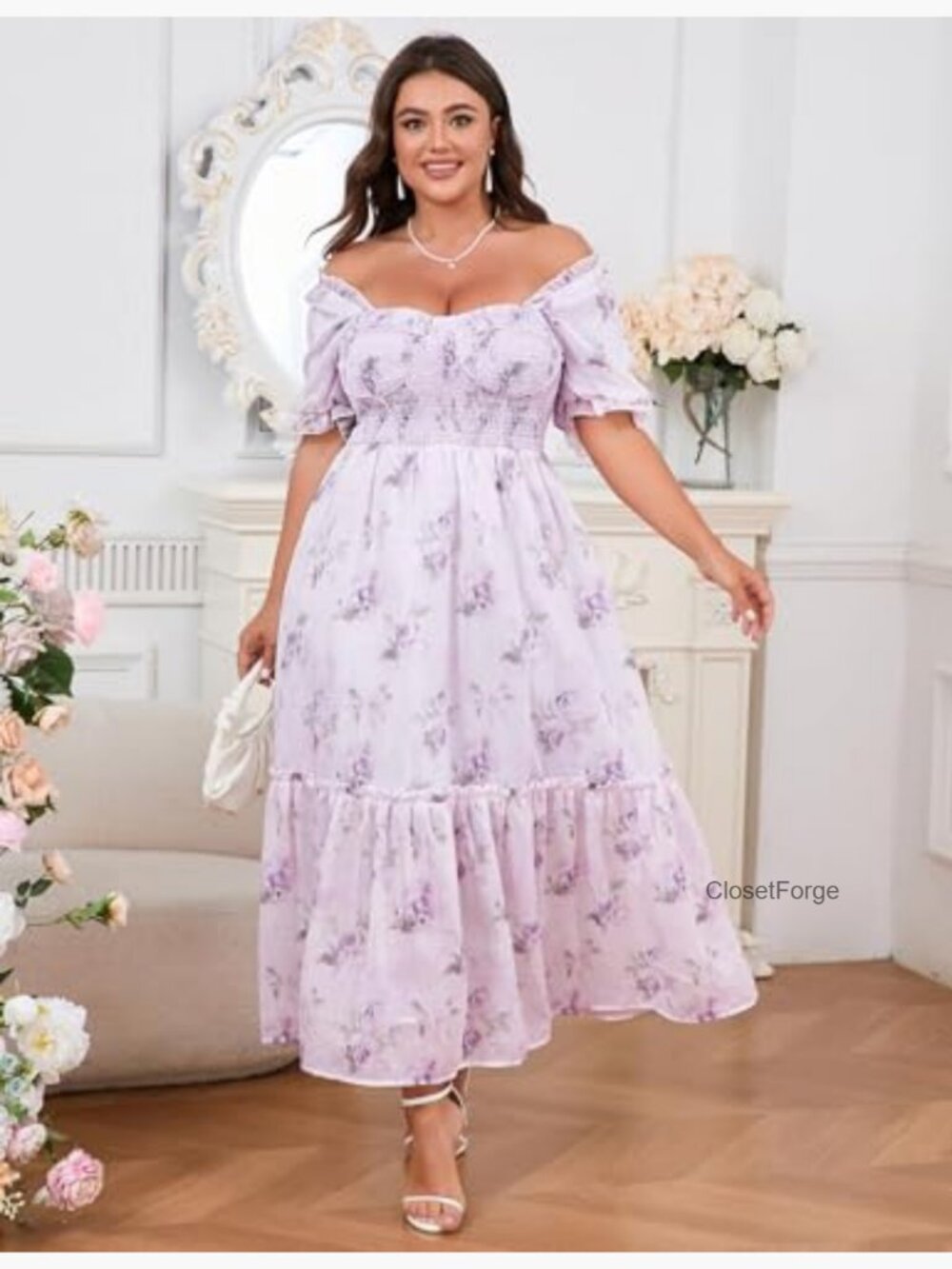 Plus Size Floral Maxi Dress Puff Sleeve Smocked Corset Cottagecore - Picture 5 of 7